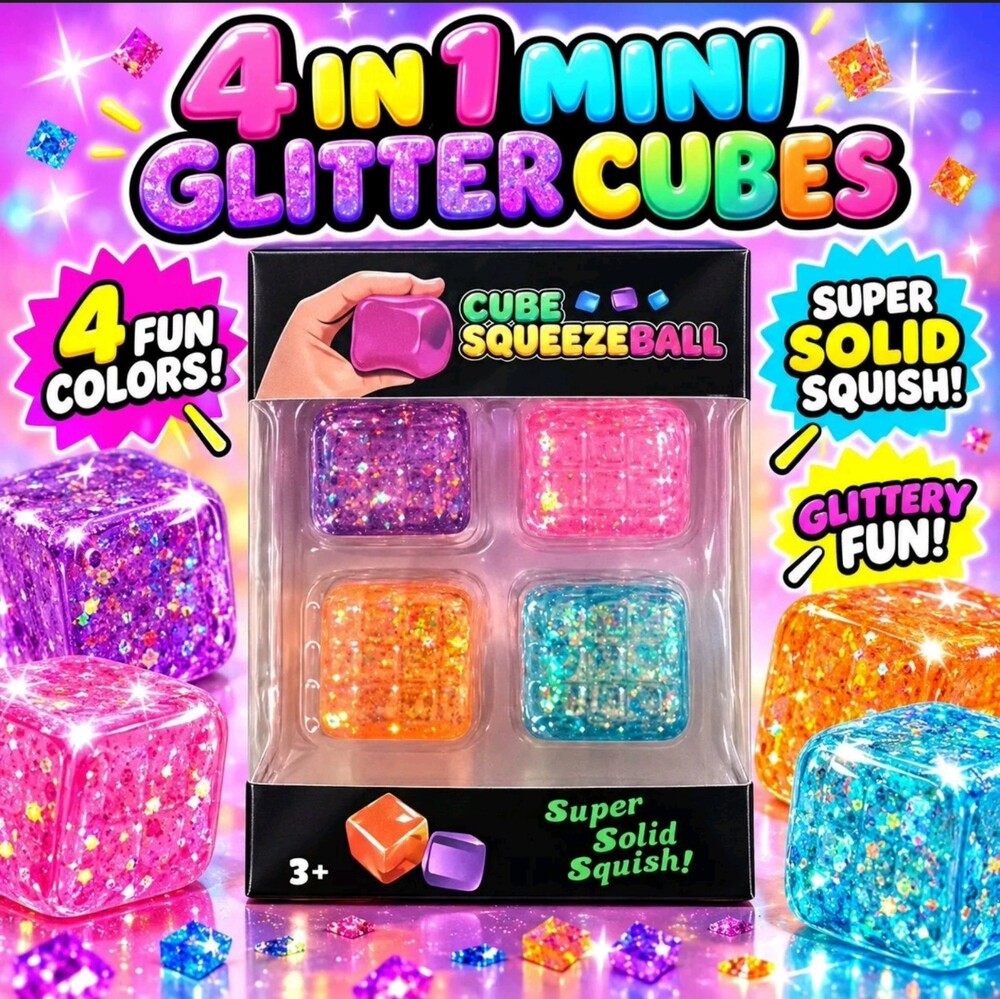 4 Pack Mini Glitter Cubes Squeeze Balls Purple Pink Orange Blue
